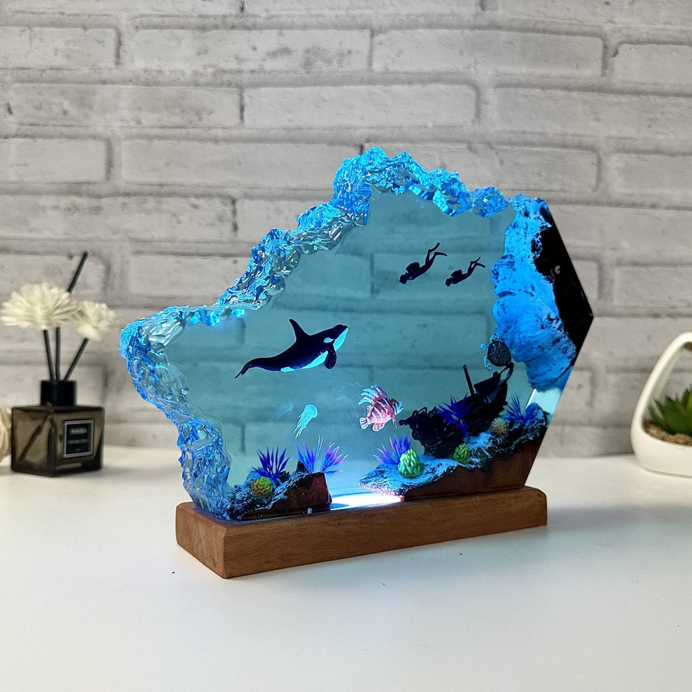 Killer Whale Resin Lamp Orca and Sea Turtle Epoxy Resin and Wooden Handmade Furniture Birthday Gift Unique Gift