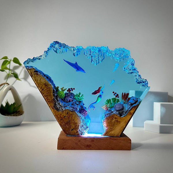 Dolphin and Mermaid Resin Lamp Art Decorative Lamp Resin Wood Art Lamp Birthday Gift Ideas - photomoonlampau