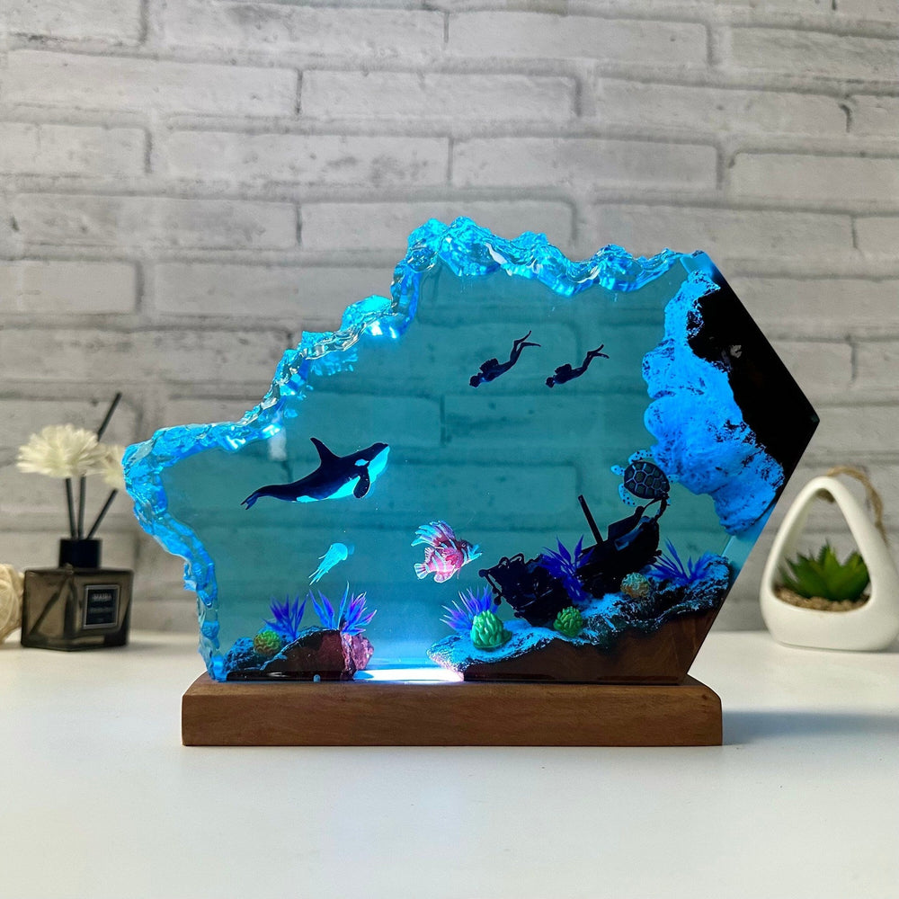 Killer Whale Resin Lamp Orca and Sea Turtle Epoxy Resin and Wooden Handmade Furniture Birthday Gift Unique Gift