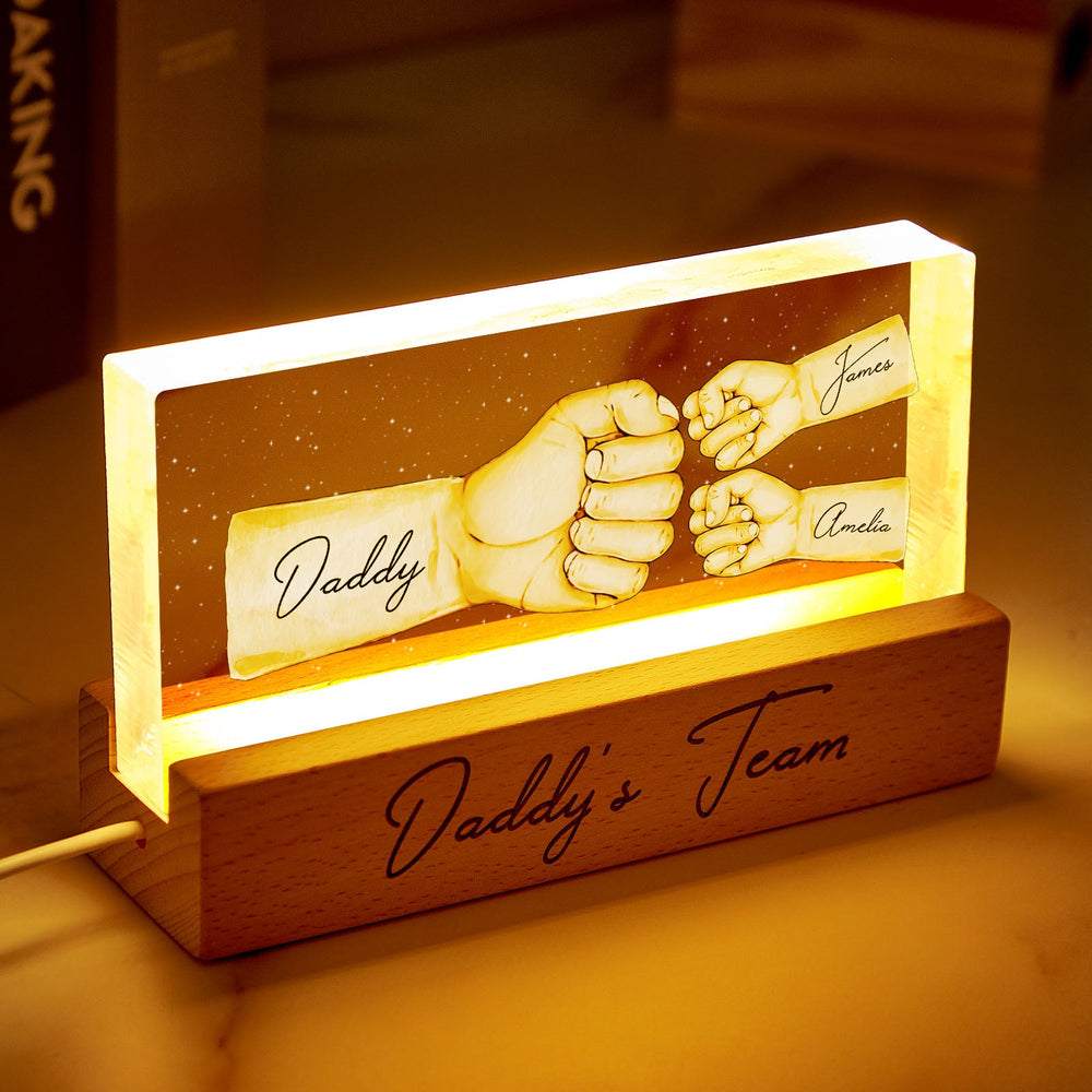 Daddy's Team Fist Bump Personalized Acrylic LED Night Light, Father's Day Gift For Dad, For Grandpa, For Husband