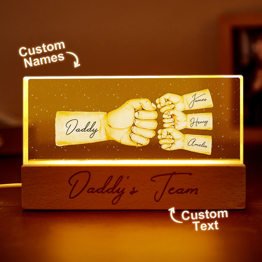 Daddy's Team Fist Bump Personalized Acrylic LED Night Light, Father's Day Gift For Dad, For Grandpa, For Husband