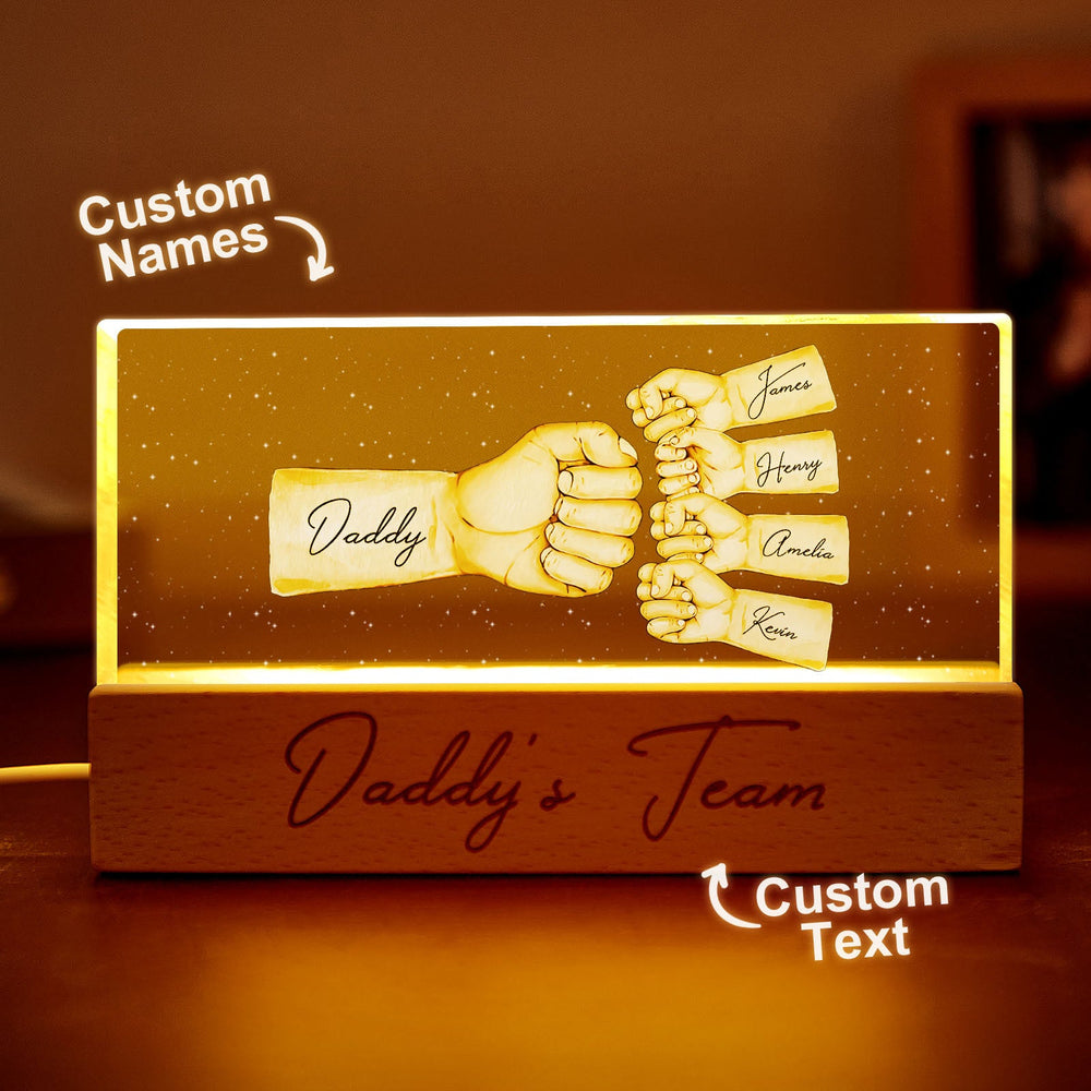 Daddy's Team Fist Bump Personalized Acrylic LED Night Light, Father's Day Gift For Dad, For Grandpa, For Husband