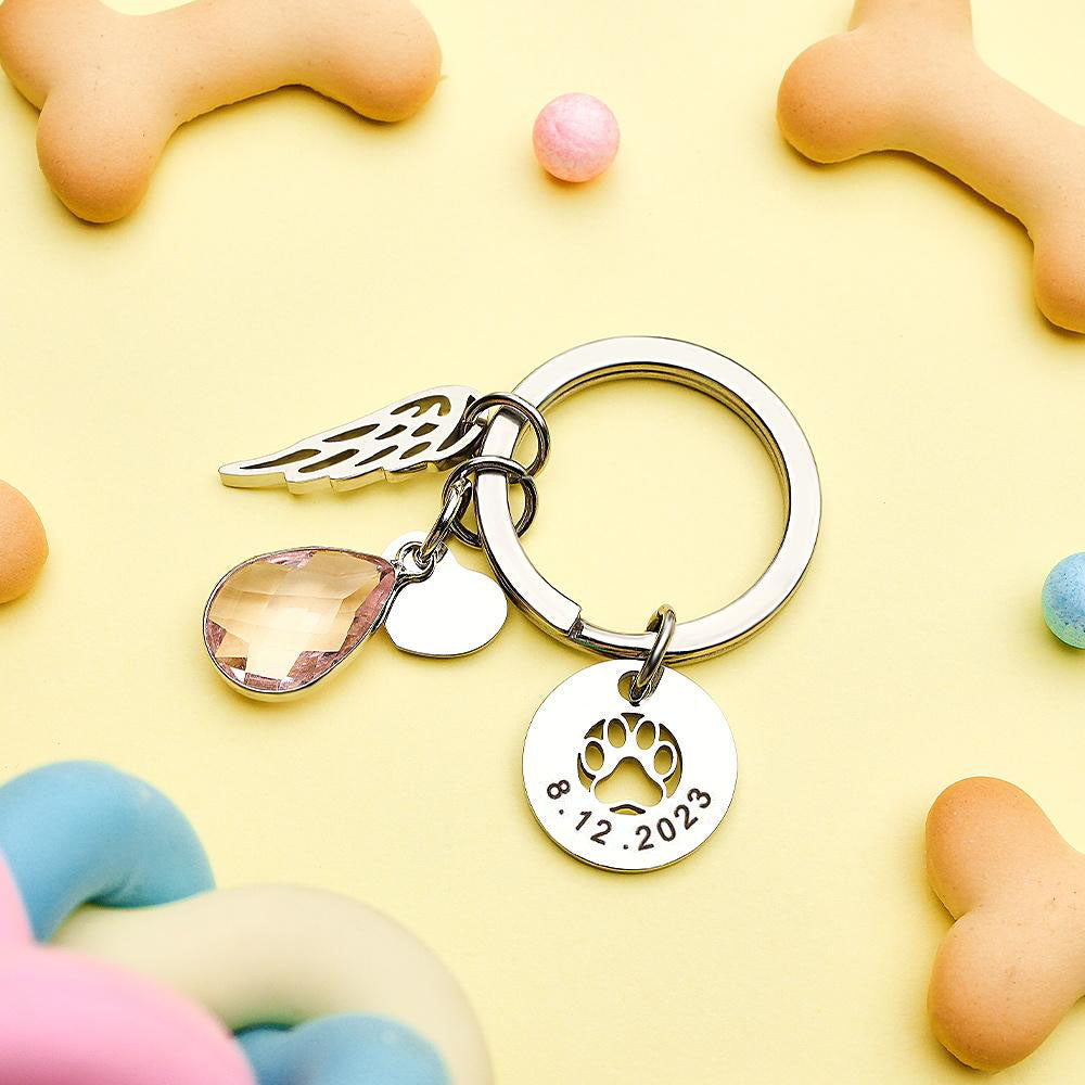 Custom Engraved Birthstone Keychain Memorial Gift for Pet Lover